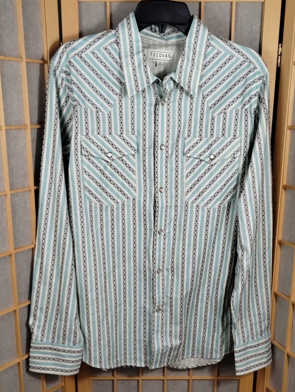 Tecovas Blue and White Striped Western Pearl Snap Shirt Size M